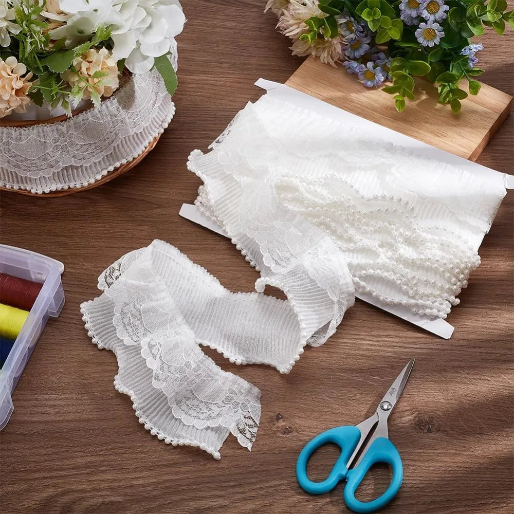 7 Yards Pearl Flower Ruffled Lace Ribbon Trim – White DIY
