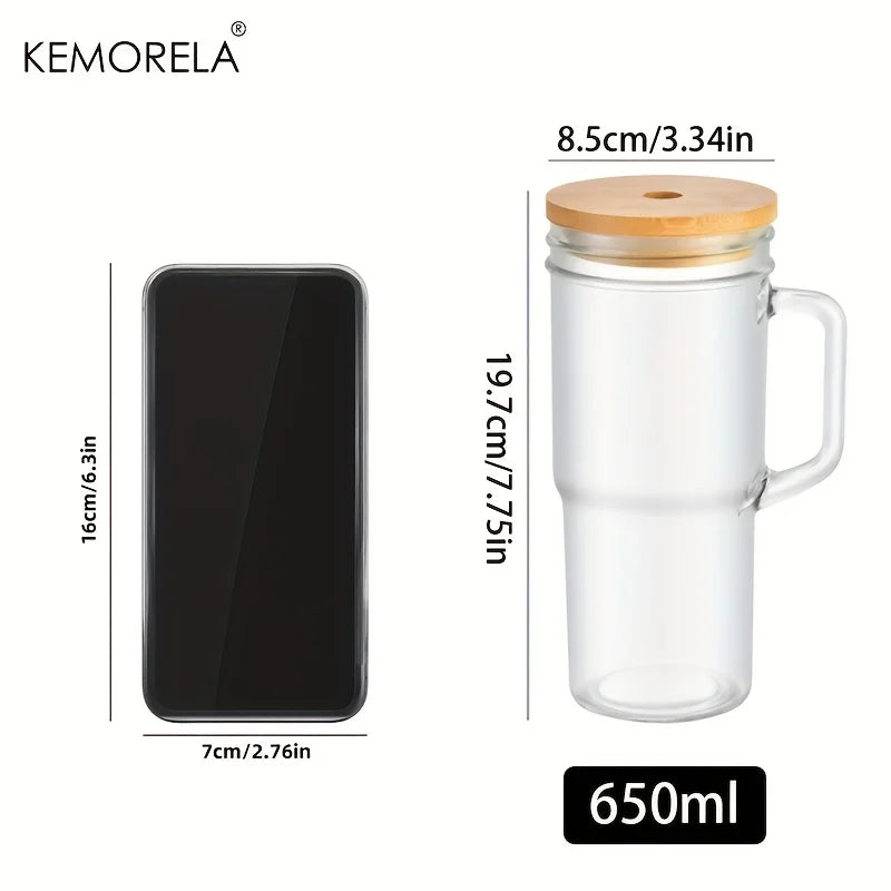 KEMORELA 700ml Glass Cup with Wooden Lid & Straw | Set of 1/2/4