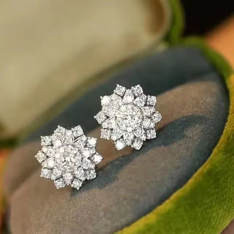 Huitan Flower CZ Stud Earrings – Dazzling Crystal Women's Studs