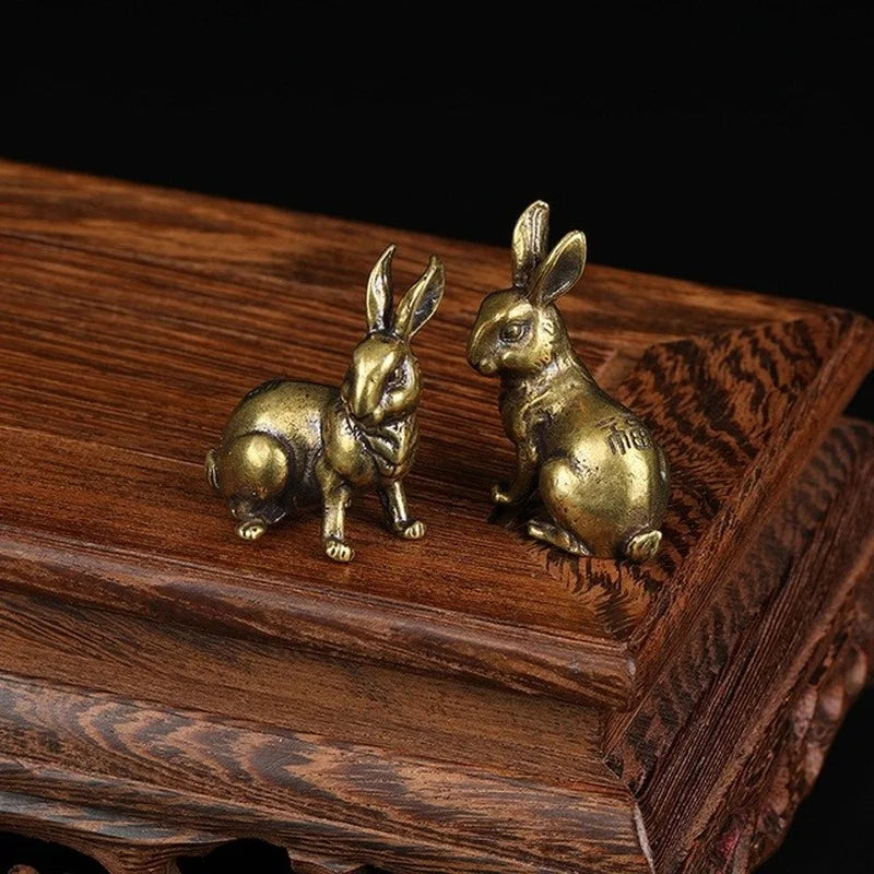 Antique Copper Zodiac Rabbit Statues – Brass Miniature Figurine Pair