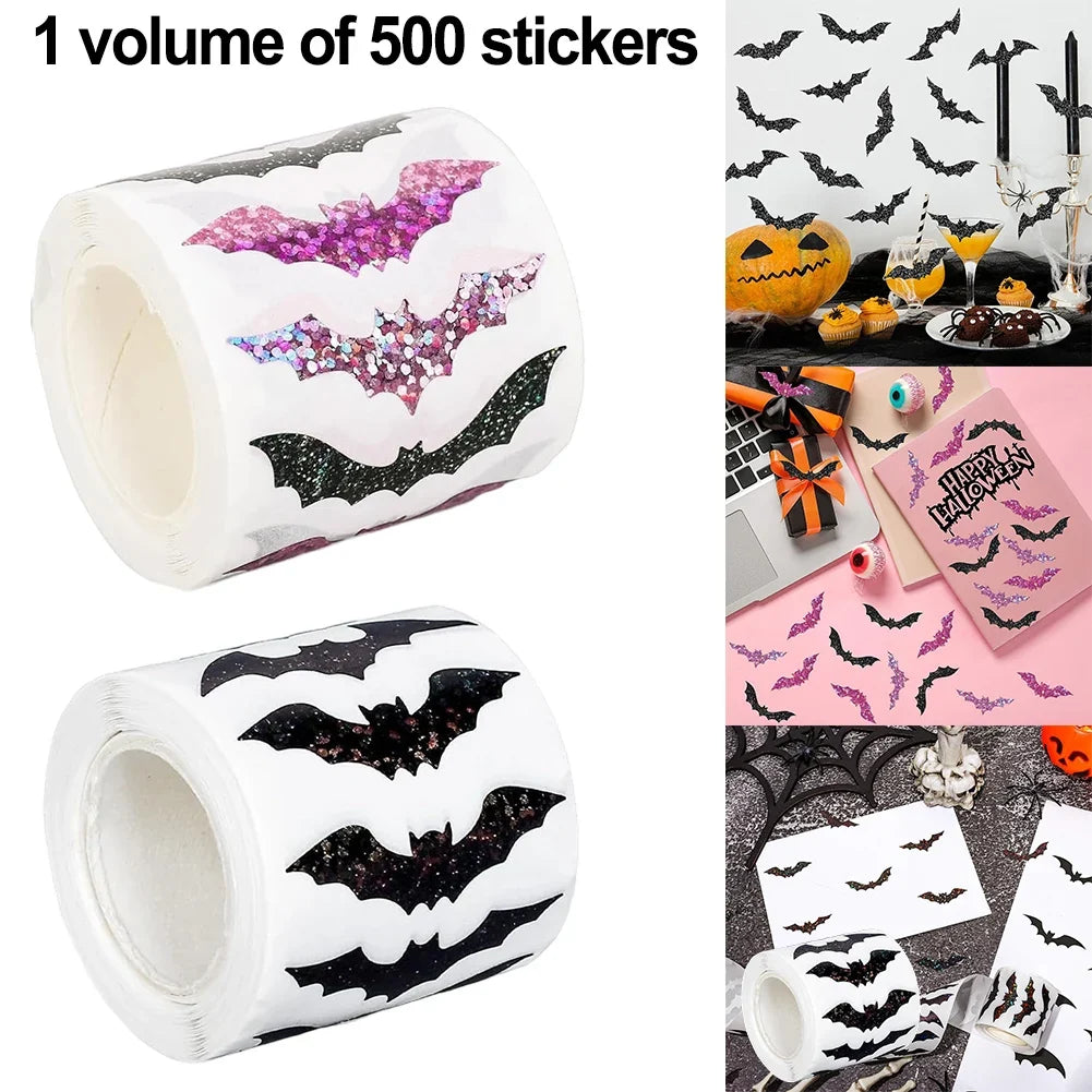 500pcs Halloween Bat Stickers Roll – Glitter Waterproof Decals