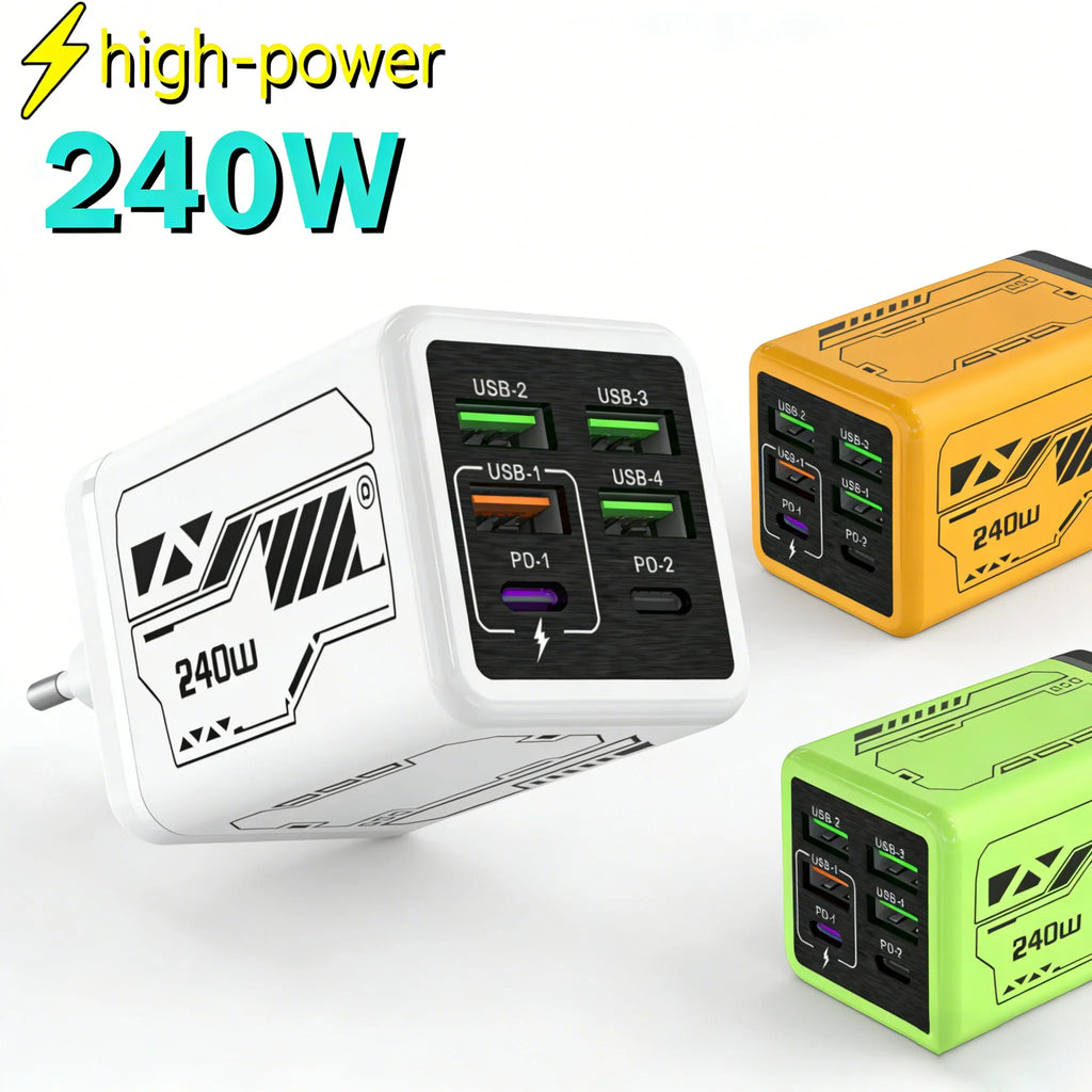 240W 6-in-1 USB-C Charger PD Quick Charge 3.0 Travel Adapter