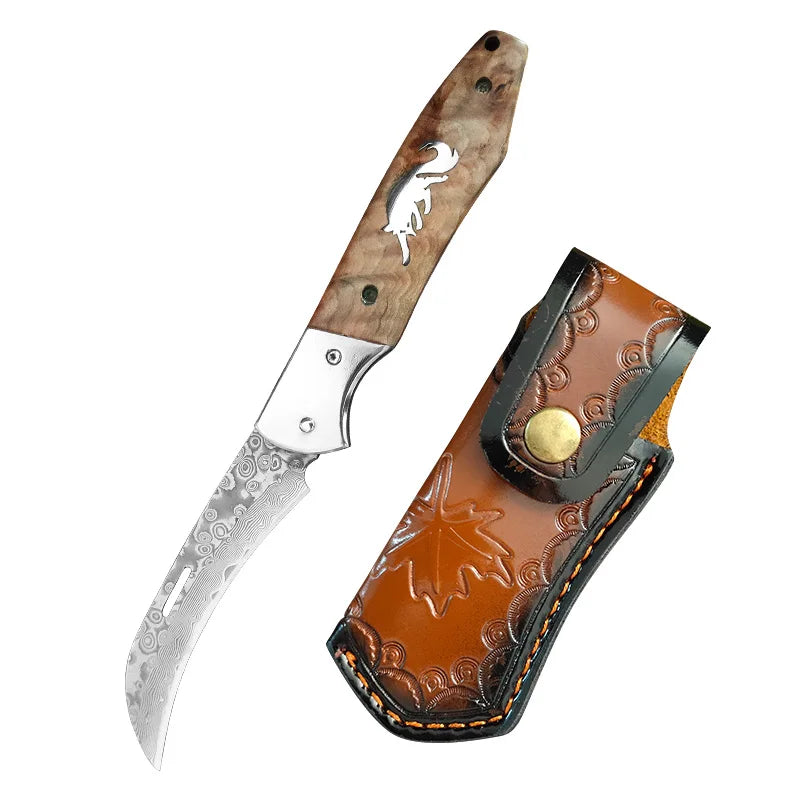 InLeung Damascus Steel Folding Knife – Wood Handle | 9cm Blade