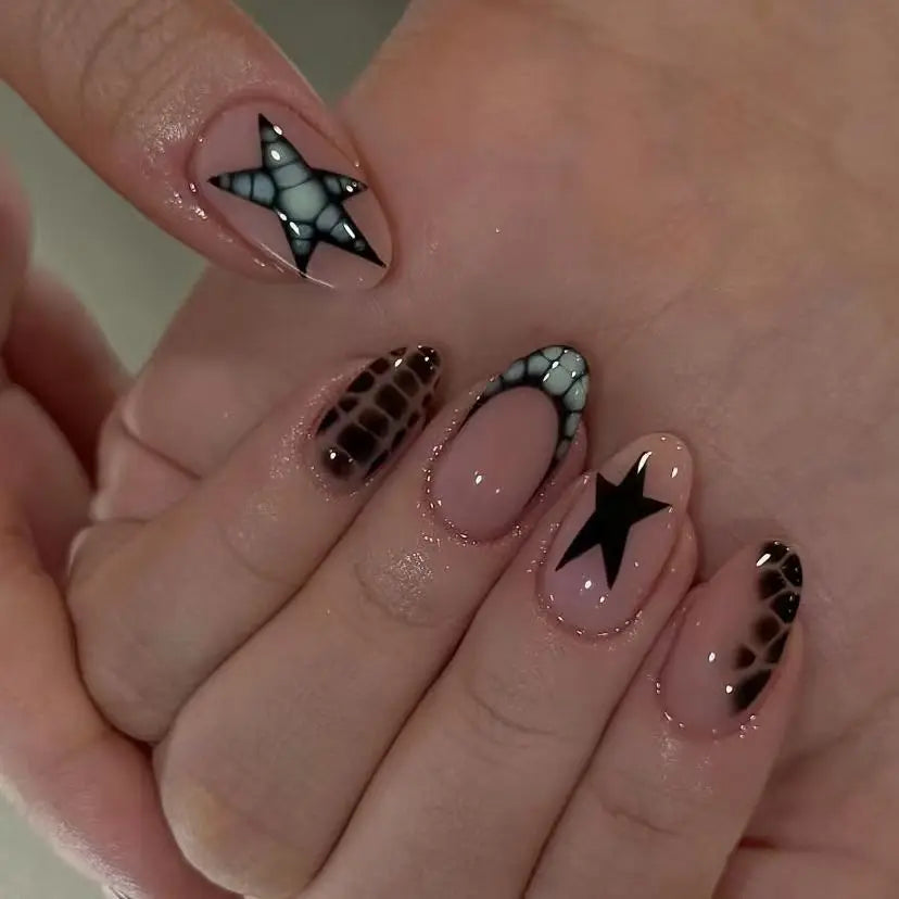 Y2K Star Press On Nails – Crocodile Print French Almond 10pcs