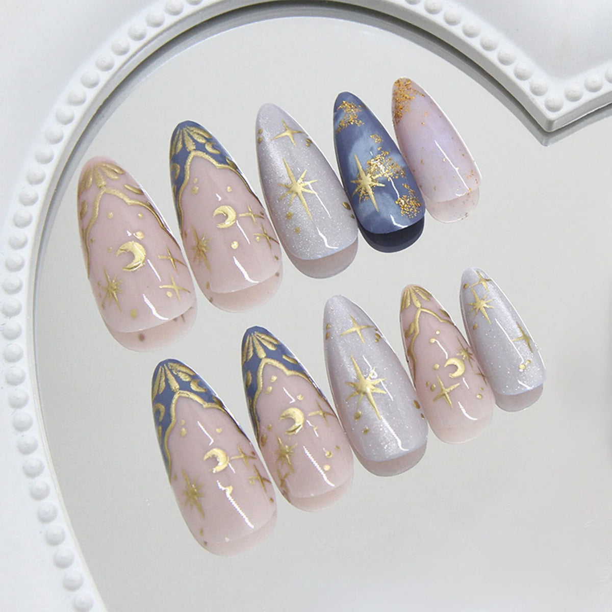 24pc French Almond Press On Nails | 3D Star Moon Cat Eye Design