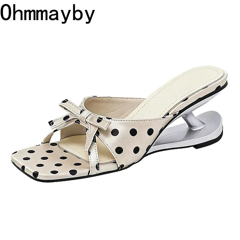 Women's Polka Dot Wedge Slippers – Square Toe High Heel Slides