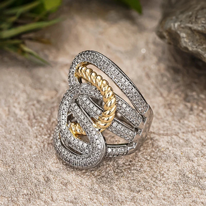 Huitan Two-Tone CZ Cross Ring – Wide Band Women's Jewelry