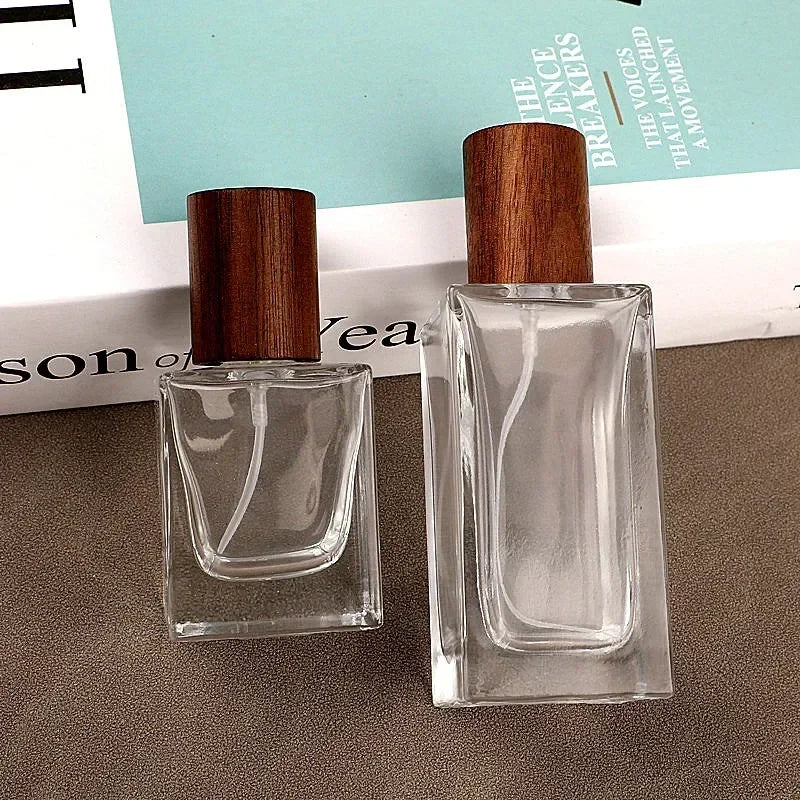 Portable Glass Spray Bottle 30ml 50ml | Refillable Wood Cap