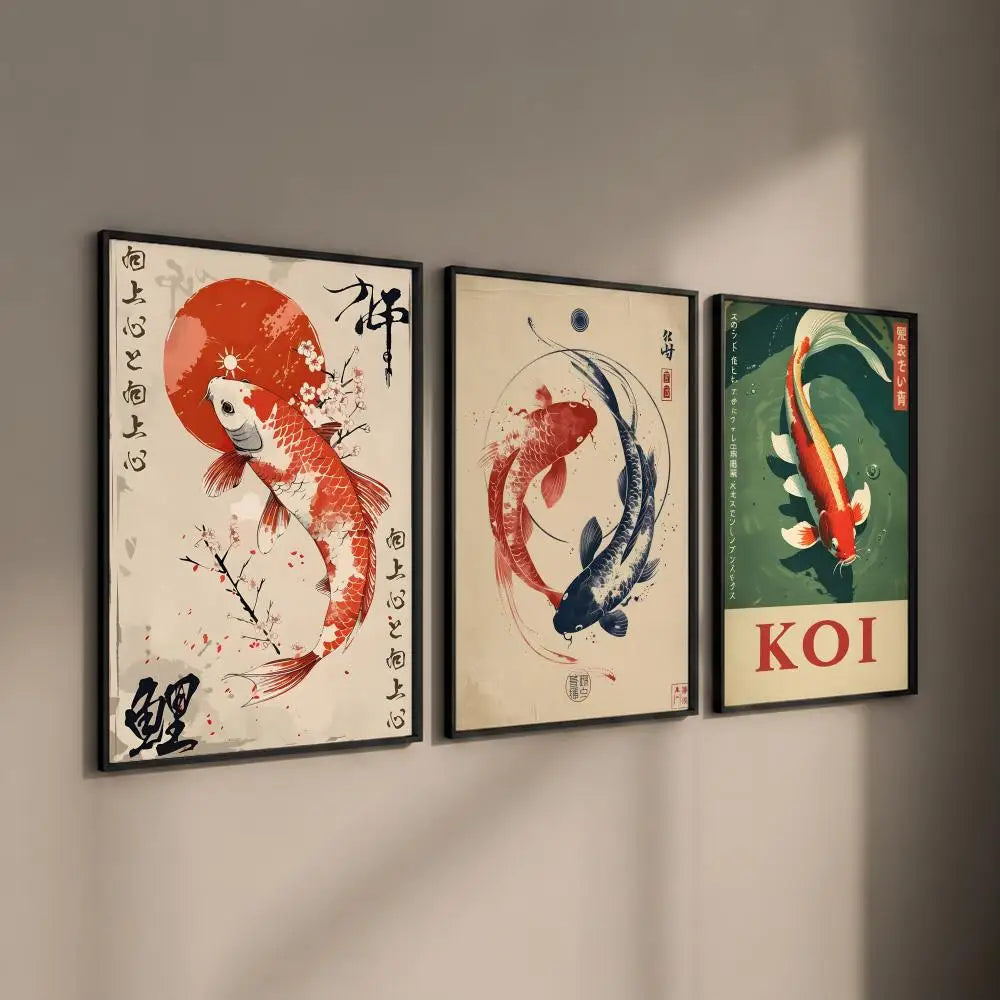 Japanese Koi Fish Flowers HD Art Poster – Self-Adhesive Wall Decor