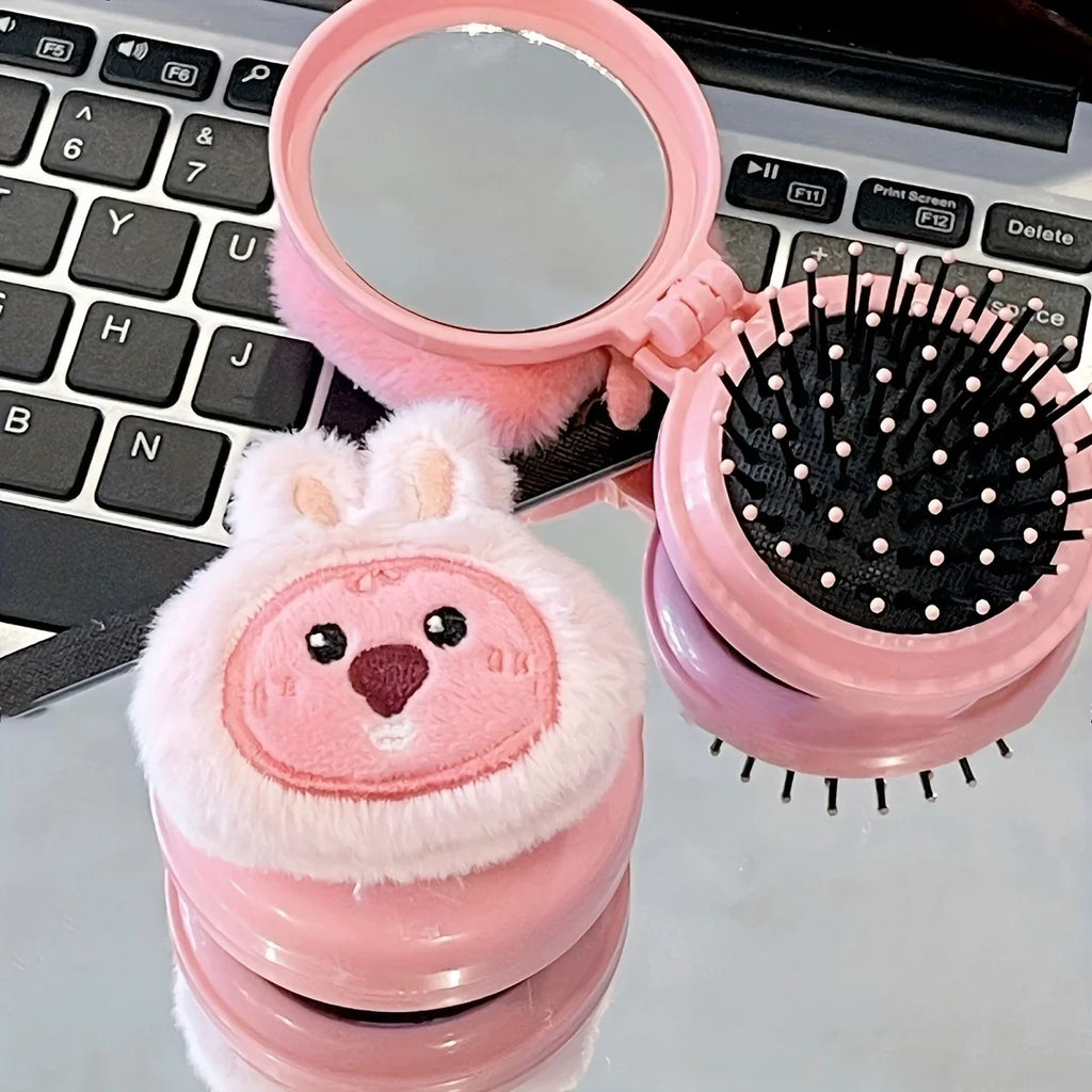 Plush Pink Bear Mini Hair Brush & Mirror Set | Travel Ready