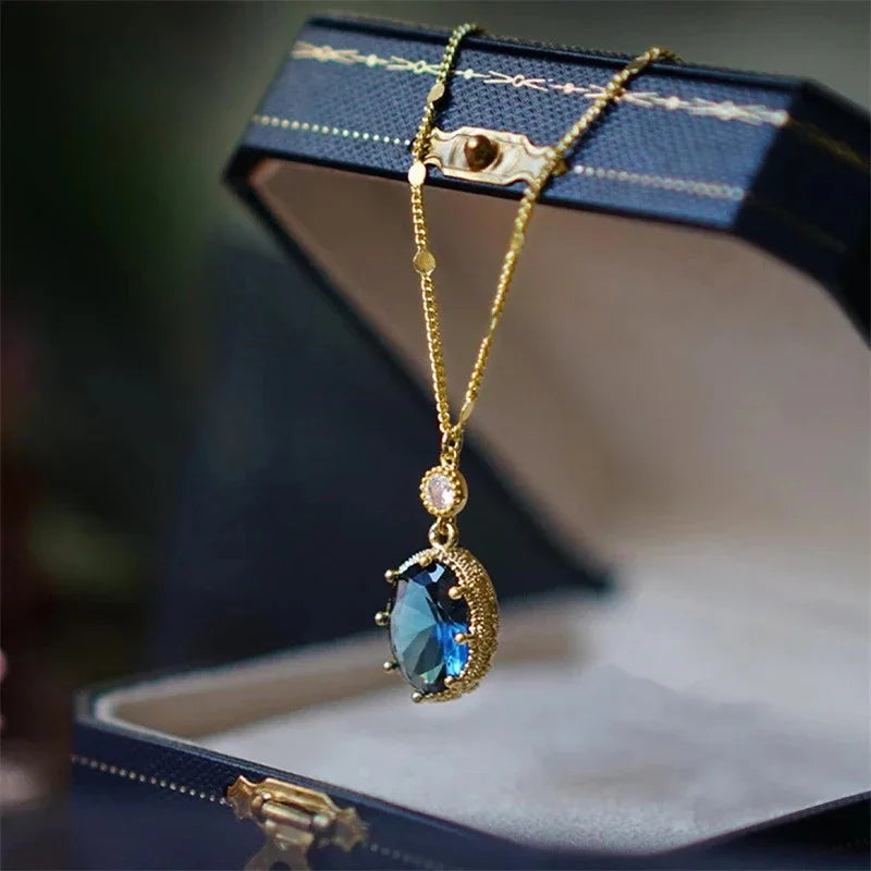 Huitan Oval Blue Stone Pendant Necklace | Bridal Jewelry