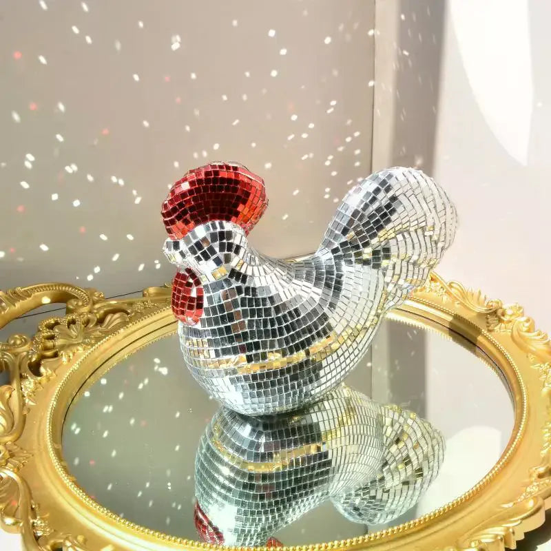 Disco Ball Mirror Rooster Sculpture | Home Decor & Party Ornament