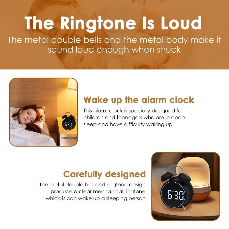 Dual Bell Digital Alarm Clock – LED Display, Metal, Kids & Adults