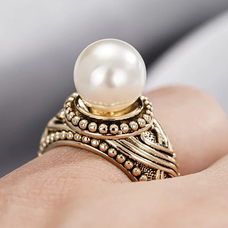 Huitan Antique Gold Imitation Pearl Ring – Vintage Women's Fashion