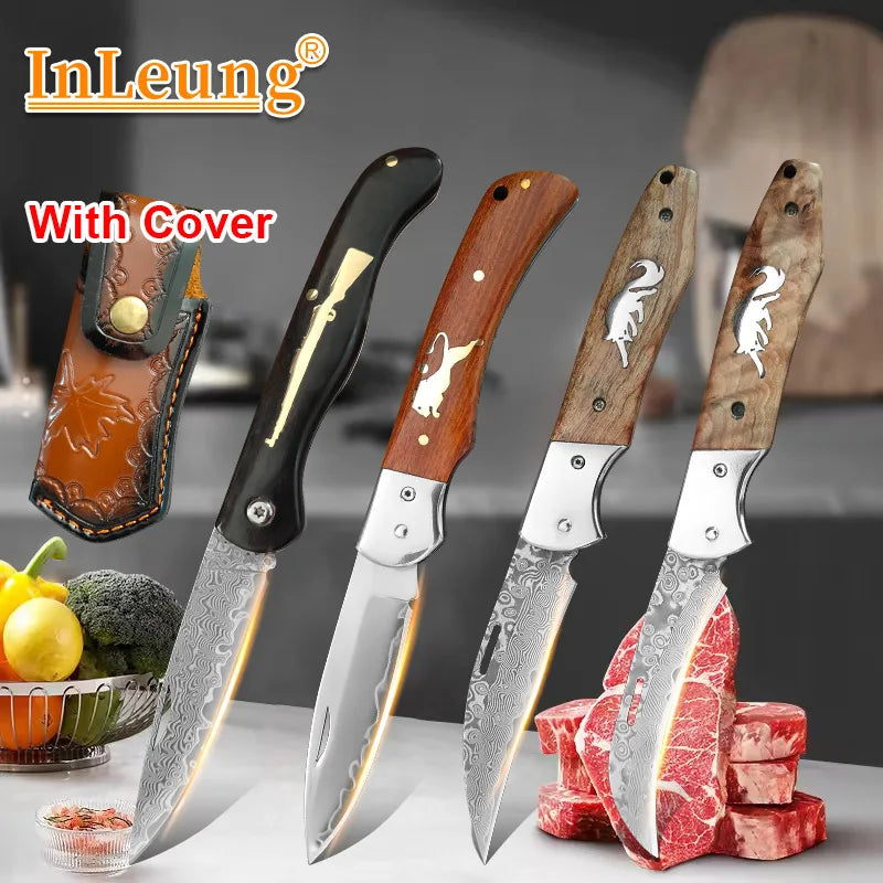 Damascus VG10 Folding Kitchen Knife – Wooden Handle | InLeung