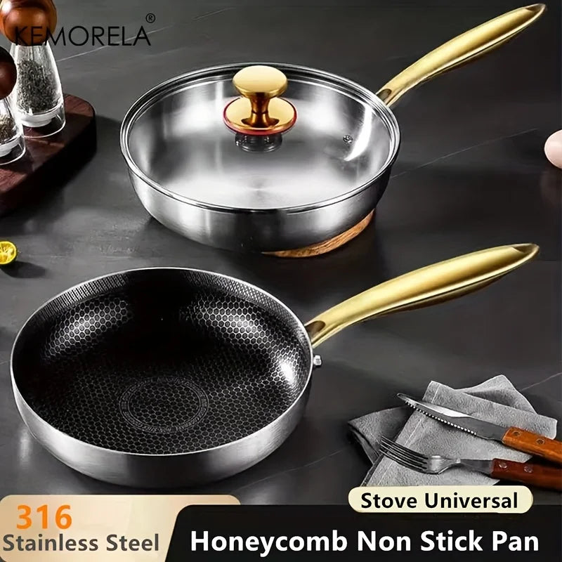 KEMORELA 316 Stainless Steel Honeycomb Non-Stick Wok Frying Pan