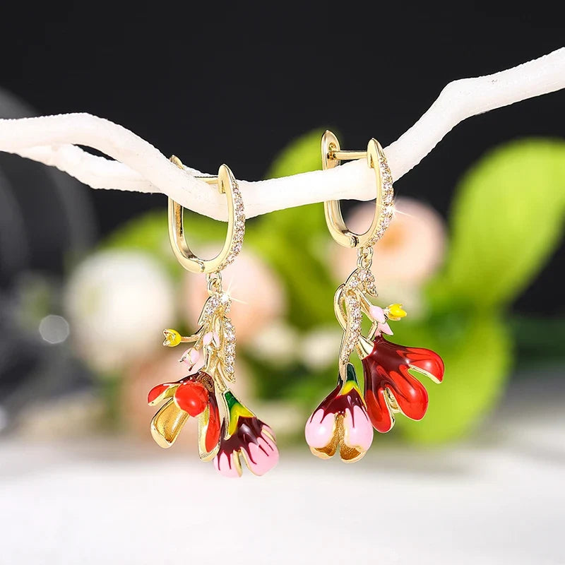 Huitan Colorful Flower Drop Earrings – Gold Cubic Zirconia