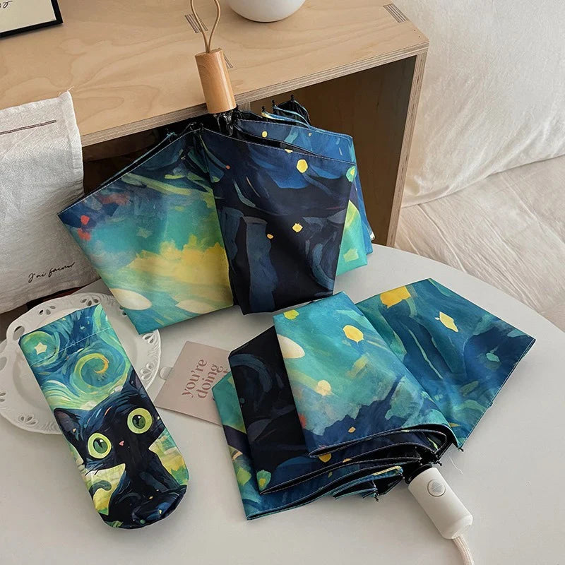 Green Cartoon Cat Folding Umbrella – UV & Rain Protection