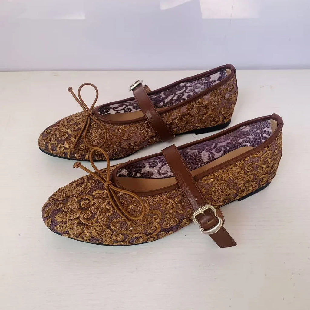 Mesh Embroidery Ballet Flats – Retro Mary Jane Buckle Strap Shoes