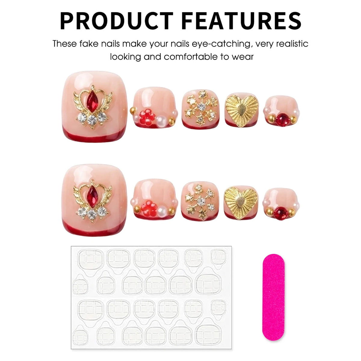 Press On Toe Nails | Wine Red French Diamond Glitter False Nails