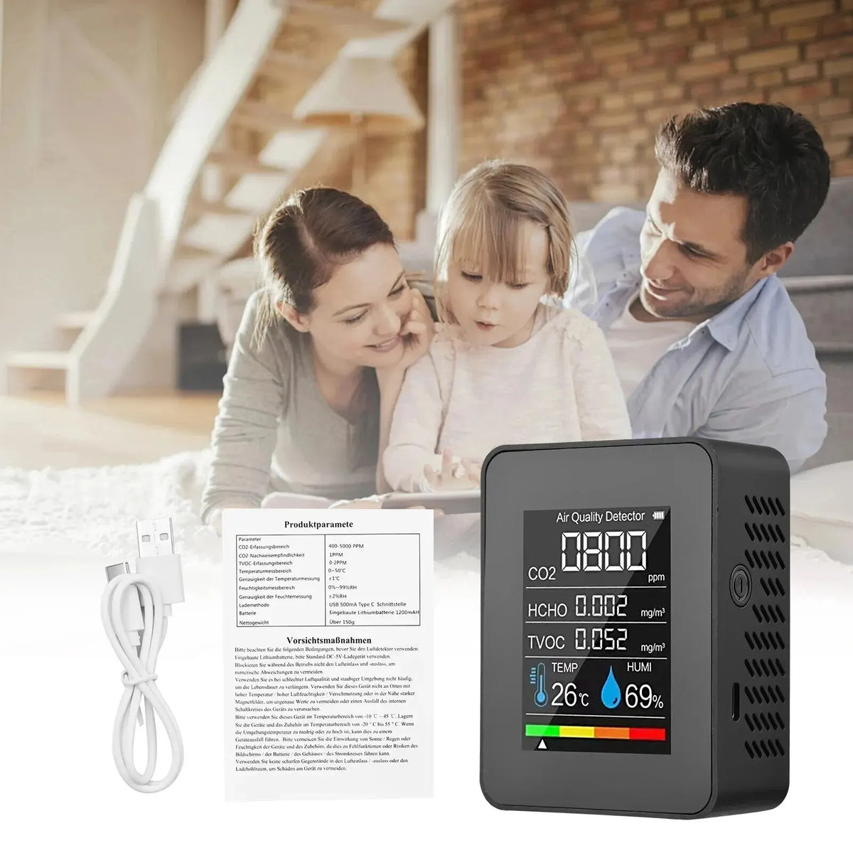5-in-1 Air Quality Monitor | CO2, TVOC, HCHO, Temp & Humidity