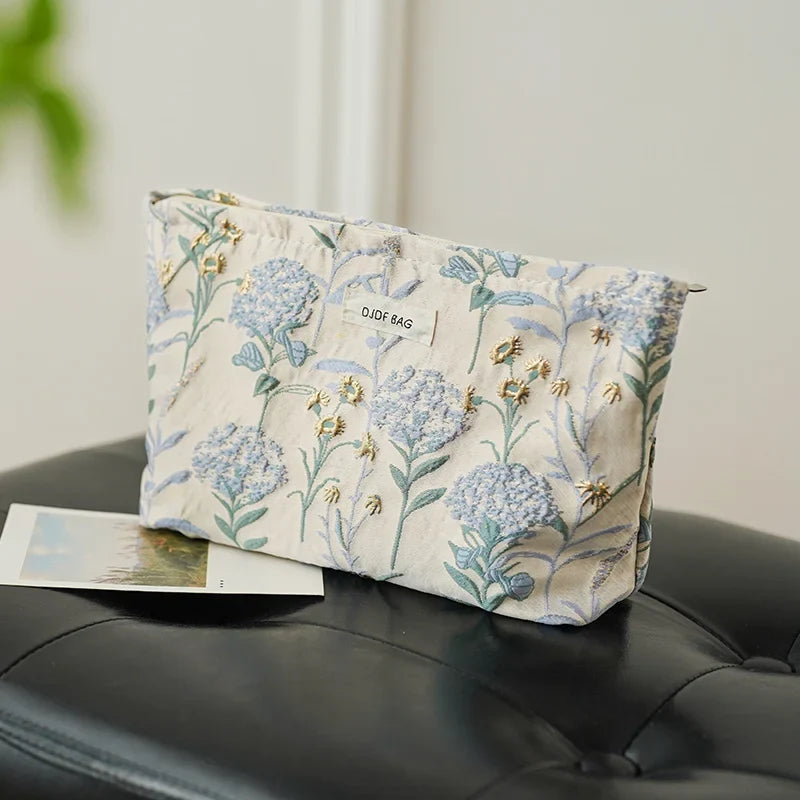 Blue Bouquet Women Makeup Bag Large Capacity Canvas Toiletry Bag-for