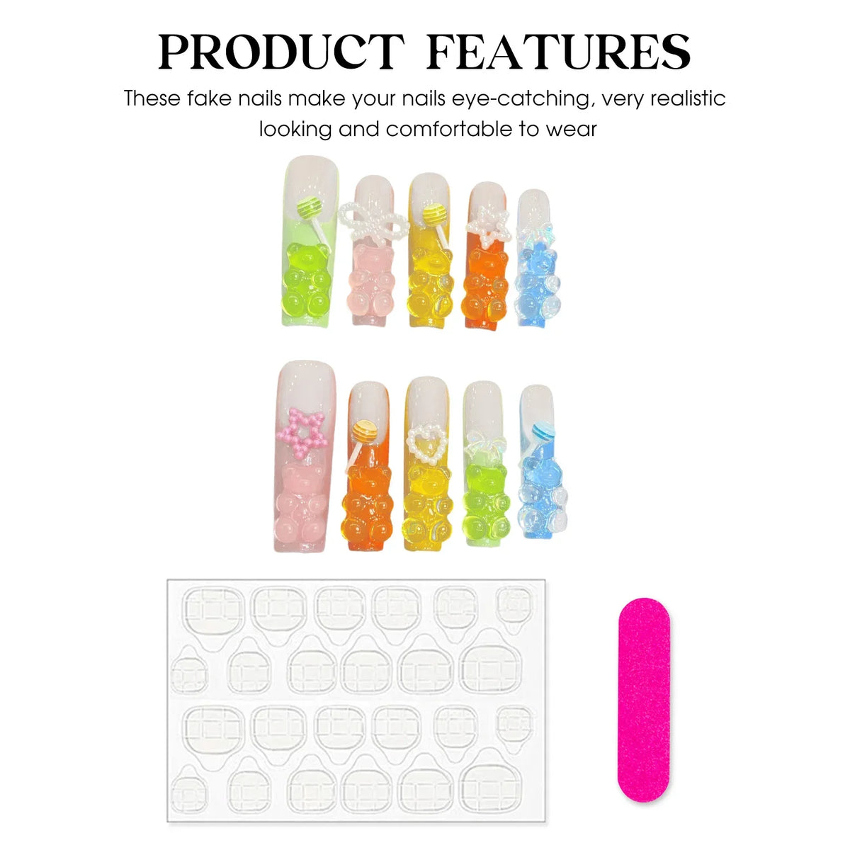 Handmade Press On Nails Candy Bear Bow | Extra Long False Nails
