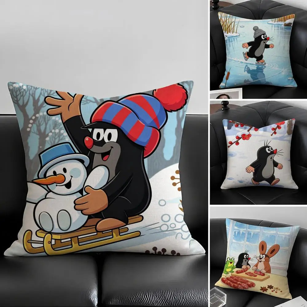 Cartoon Mole Linen Cushion Cover – Sofa, Bed & Chair Decor