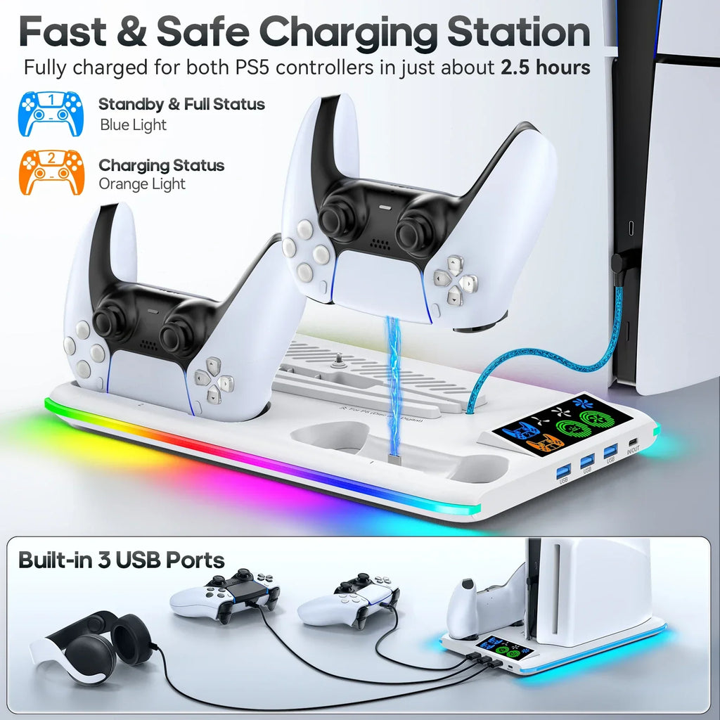 PS5 Stand with Cooling Fan, RGB Lighting & Controller Charging Hub