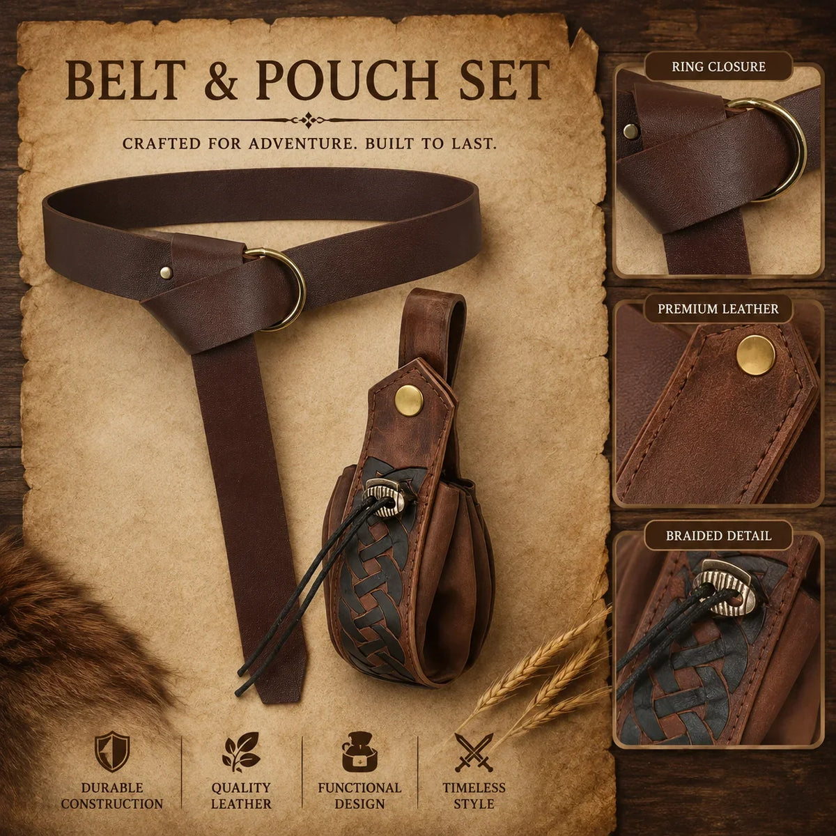 Medieval Leather Belt Pouch Viking Waist Drawstring Bag Renaissance