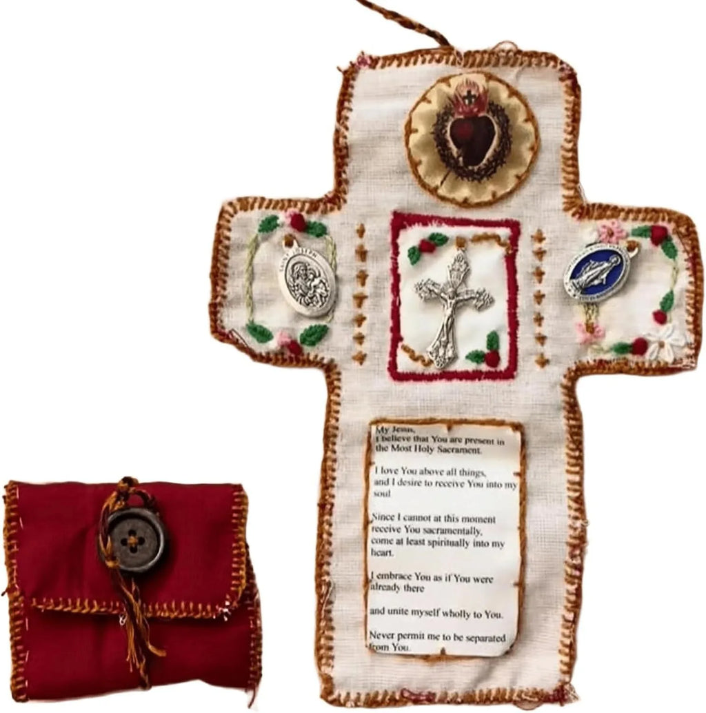 Cross Knit Prayer Pocket Shrine Silver Inside Christian Holy Storage