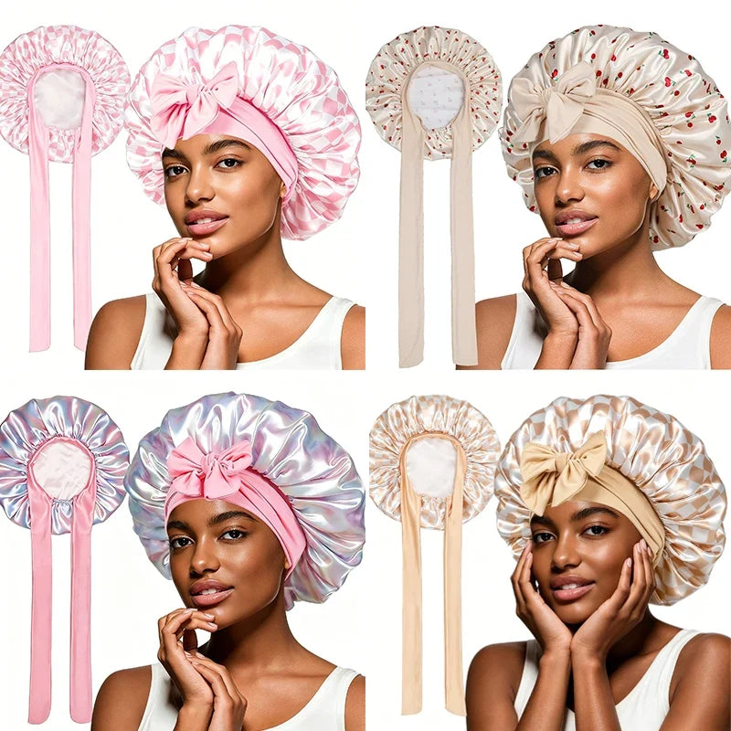 Beige Cherry Satin Sleep Bonnet – Lace-Up Hair Care Night Cap