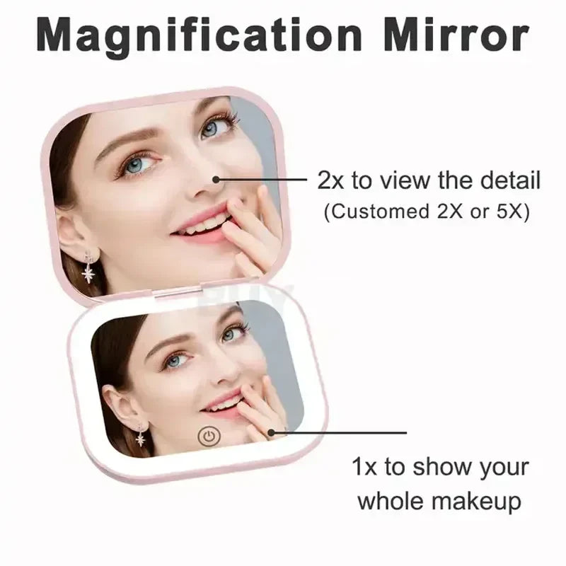 Portable LED Makeup Mirror 2X Magnifying Foldable Pocket Mirror