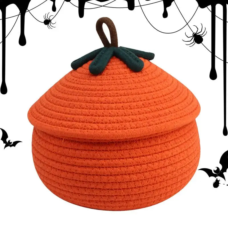 Halloween Pumpkin Woven Basket Dust-proof Lid Seasonal Decor Home