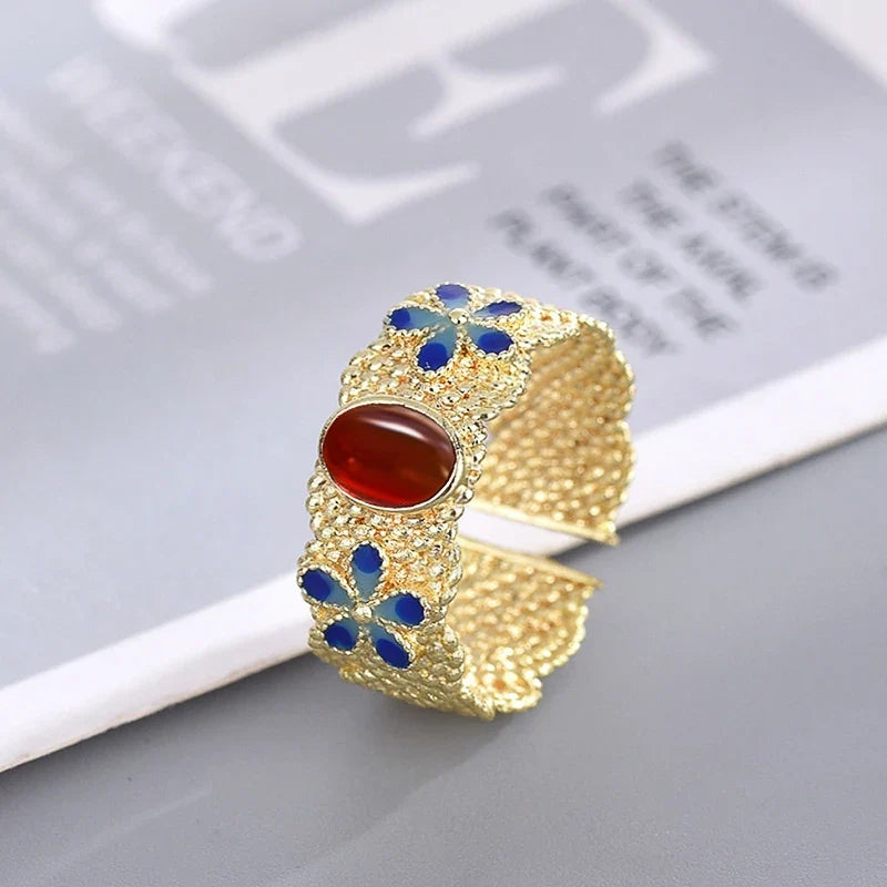 Huitan Gold Blue Flower Ring Red Stone – Women's Fashion Ring