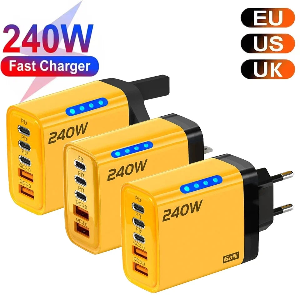 240W GaN 5-Port USB-C PD Fast Wall Charger | QC 3.0