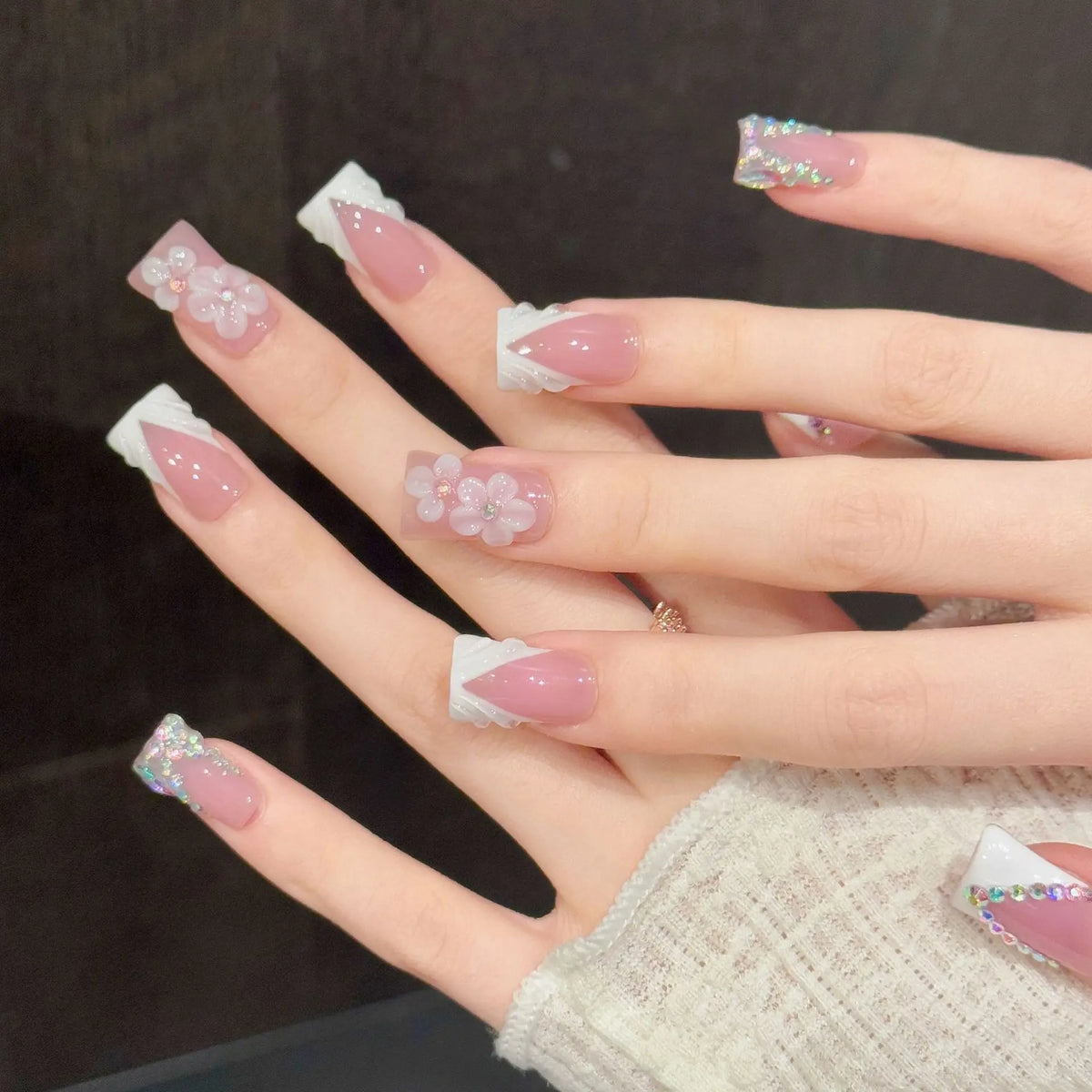 Handmade 3D Floral Rhinestone French False Nails | 10pc Set