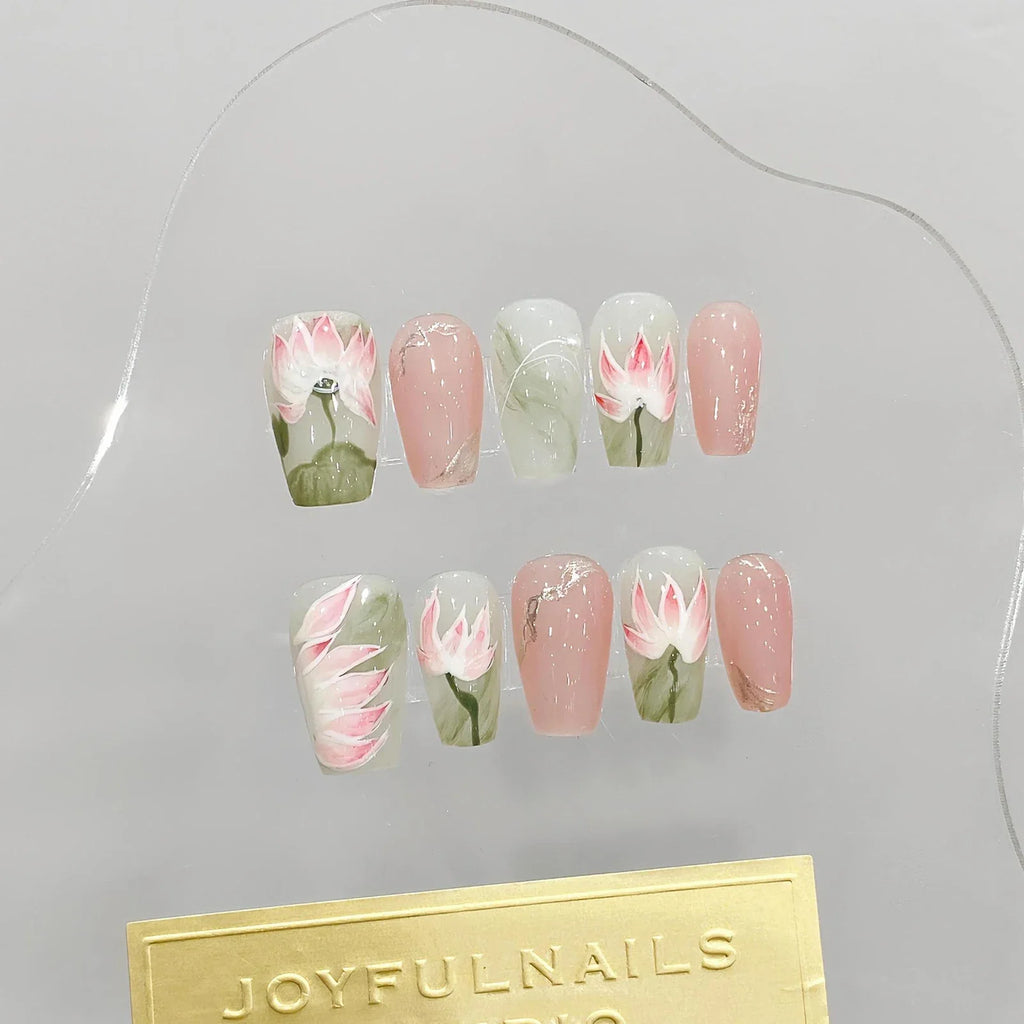 YADORNOS Lotus Press On Nails | Chinese Floral Pink Fake Nails