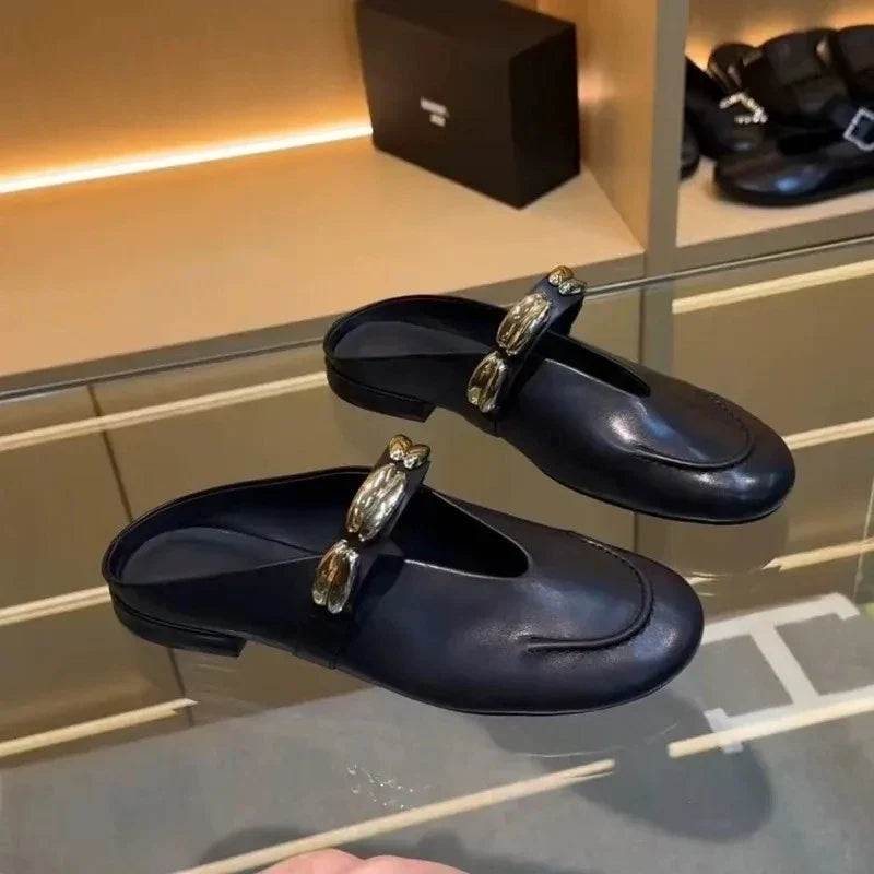 Women's Elegant Metal Buckle Flat Slippers | Summer Slides