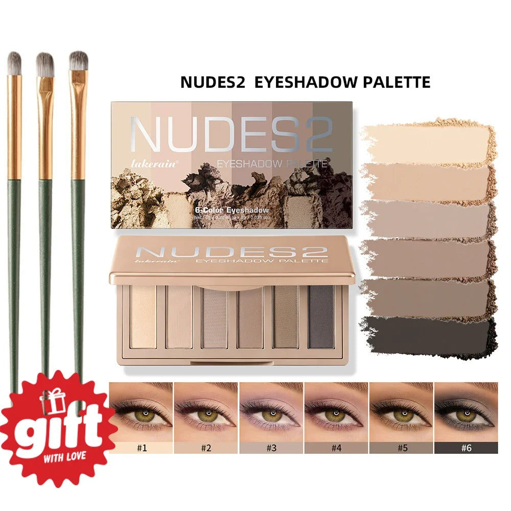 Lakerain 6-Color Matte Nude Eyeshadow Palette + Free Brush