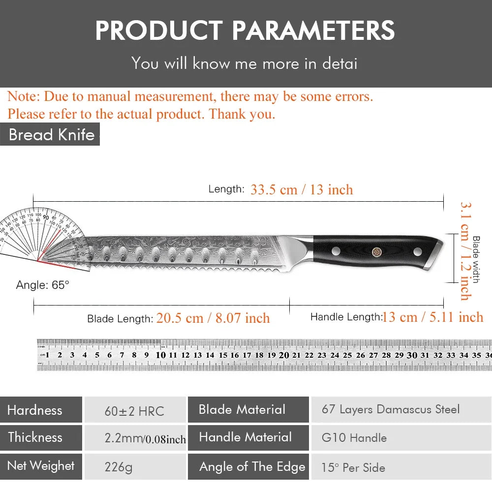 Damascus Steel Serrated Bread Knife – 20.5cm Kitchen Utility