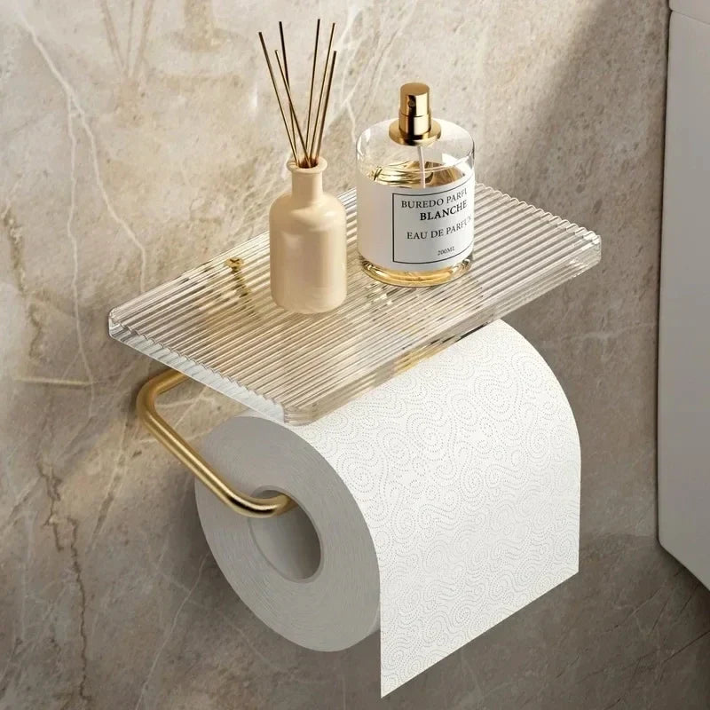 Gold Toilet Paper Holder with Shelf – No-Drill Acrylic Design