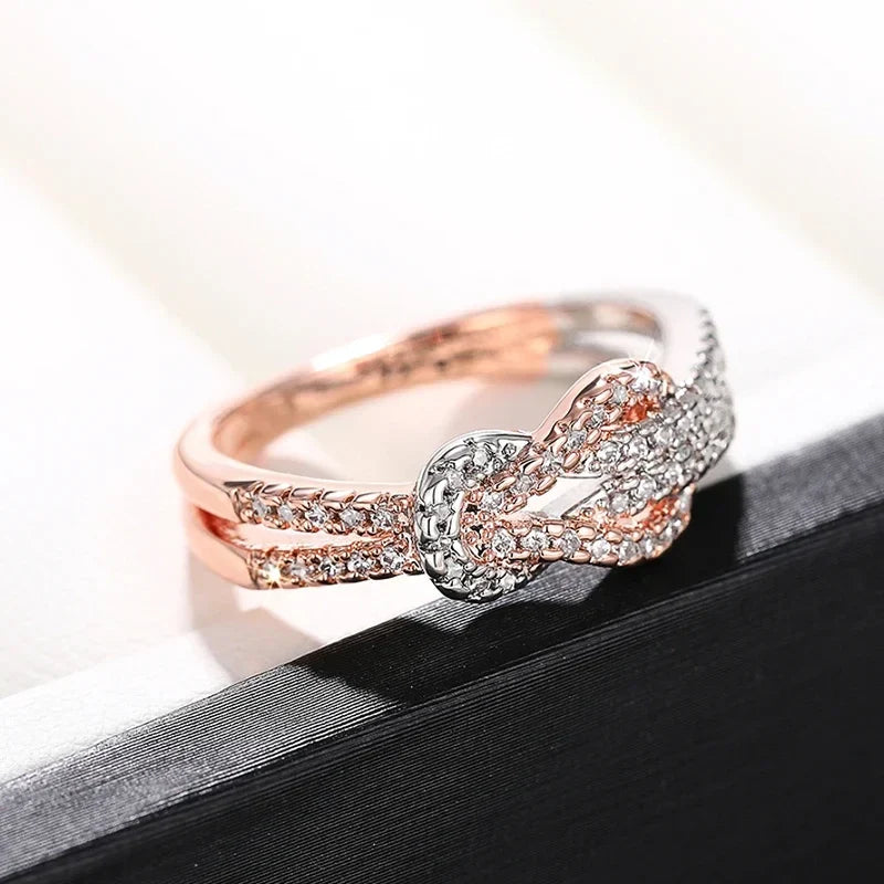 Huitan Two-Tone Twisty Knot Ring – Cubic Zirconia Women's Band