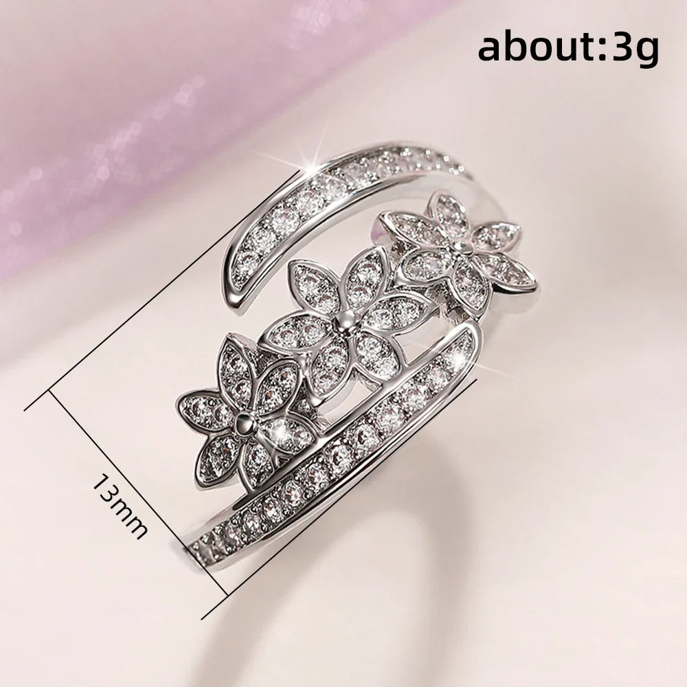 Huitan Silver Flower Adjustable Ring | Cubic Zirconia Bridal