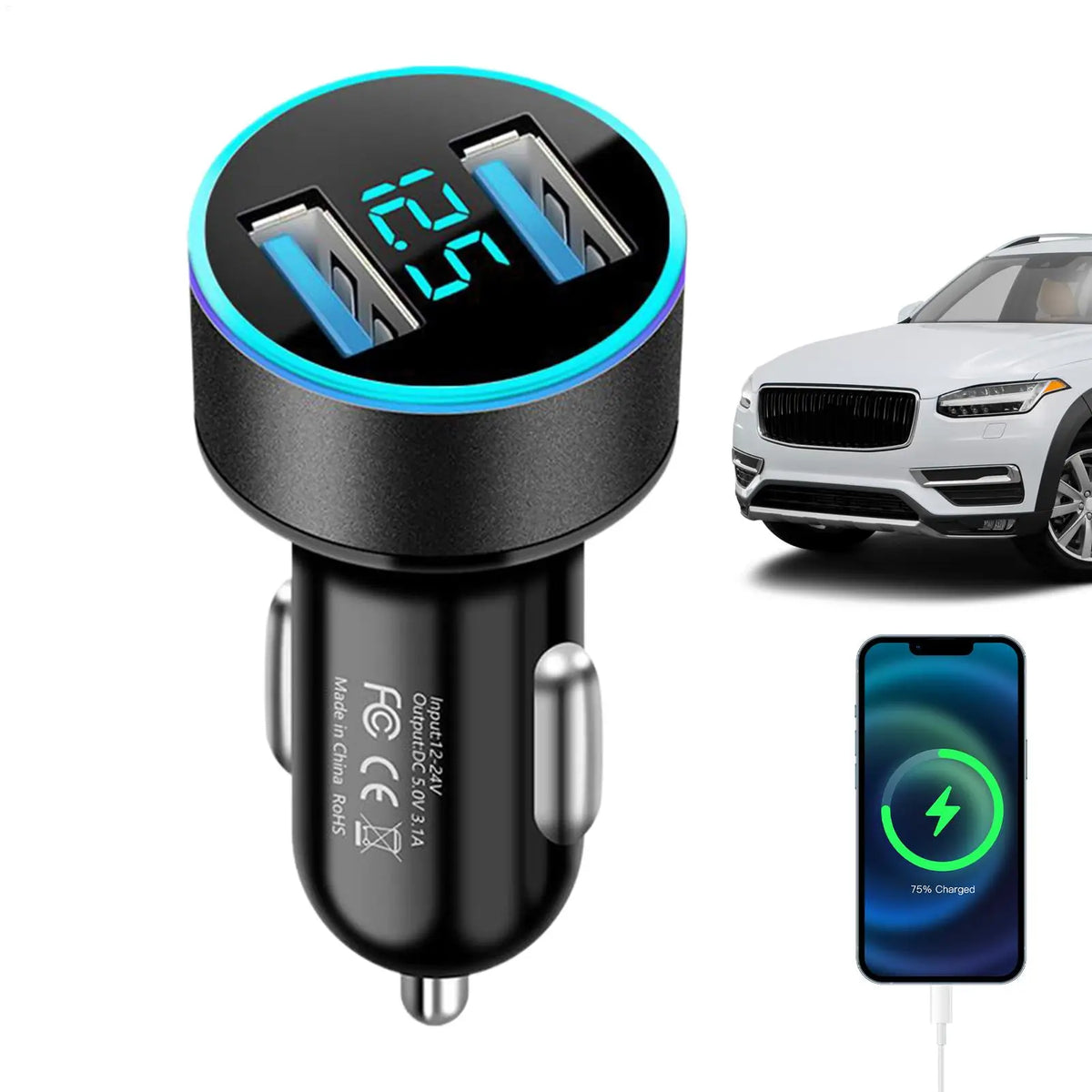 Dual USB Car Charger with Digital Voltage Display