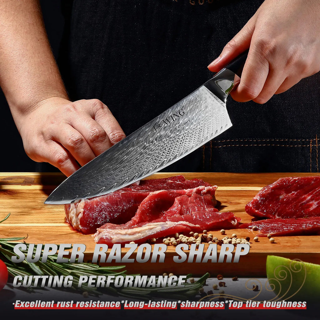 Damascus Chef's Knife – 20cm Sharp Carbon Steel Kitchen Knife