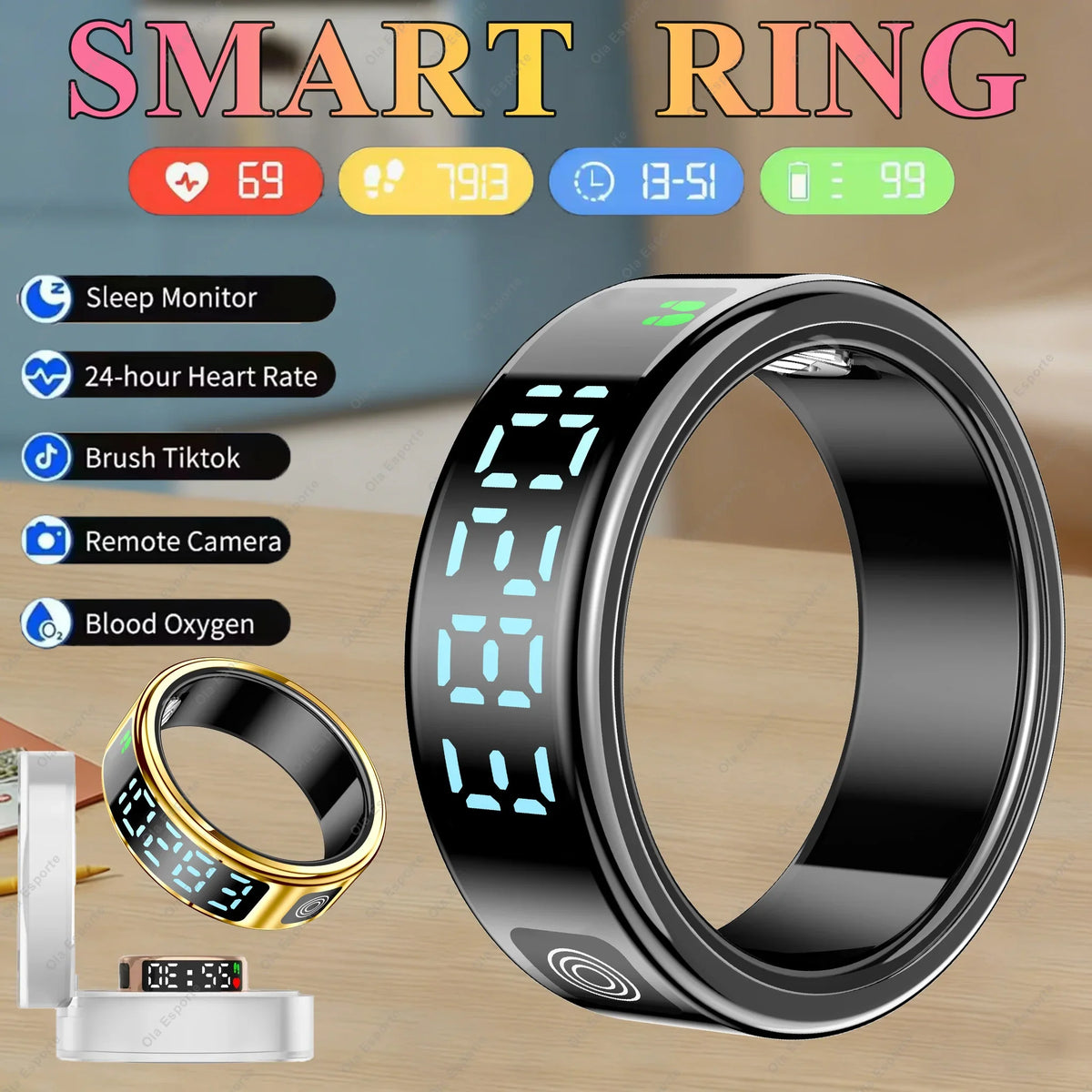 Men Women Smart Ring HD Display Heart Rate Blood Oxygen Sleep