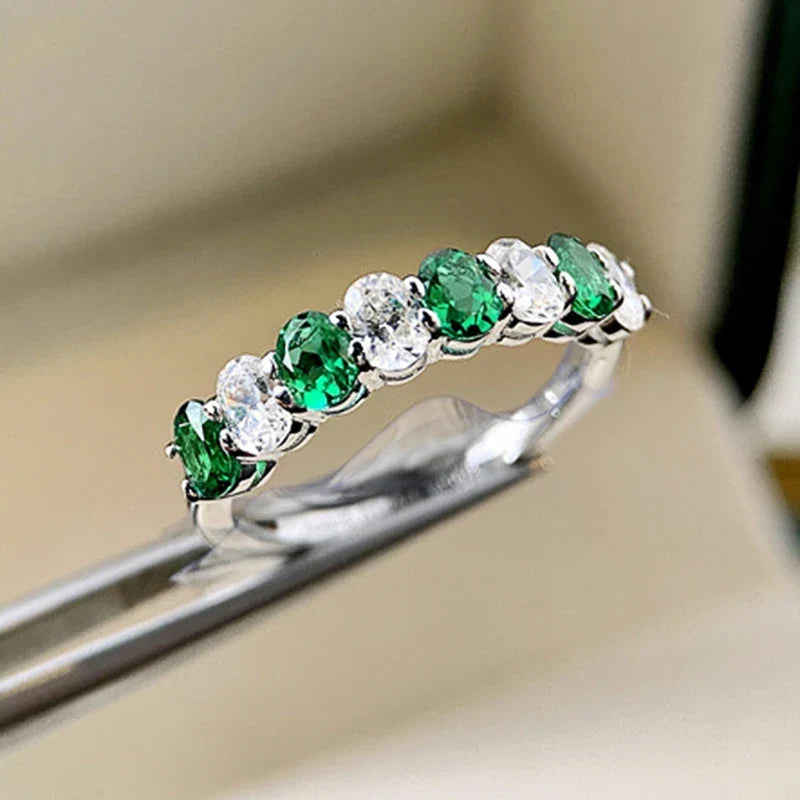 Huitan Oval Cubic Zirconia Ring for Women – Green & White CZ