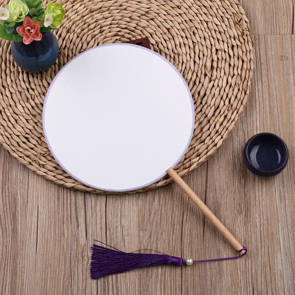 Blank Round Hand Fan – Vintage Wooden Silk DIY Art Fan with Tassel