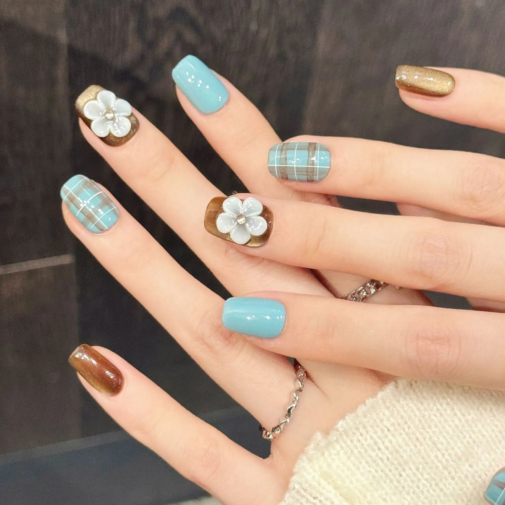 Velvet Cat's Eye Press On Nails | 3D Flower Green Brown Plaid Y2K